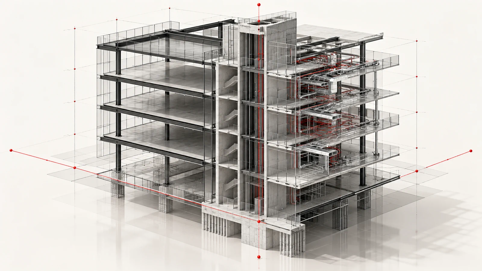 Transparent coordinated BIM building model with restrained red data lines