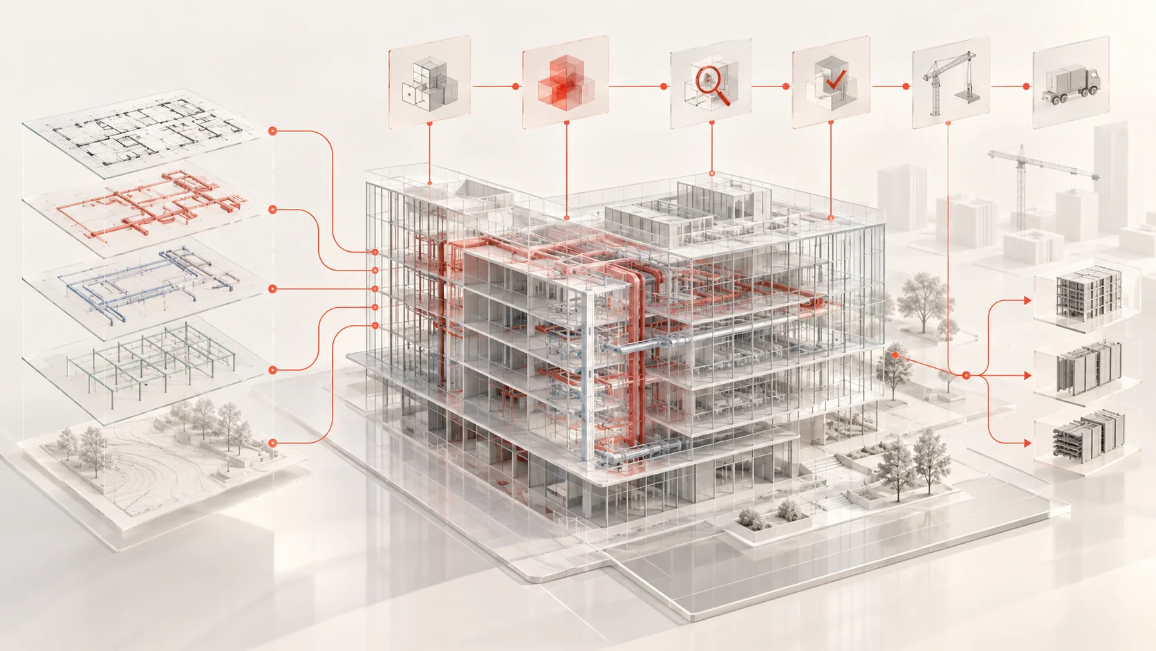 نموذج مبنى BIM شفاف ومنسق بخطوط بيانات حمراء هادئة